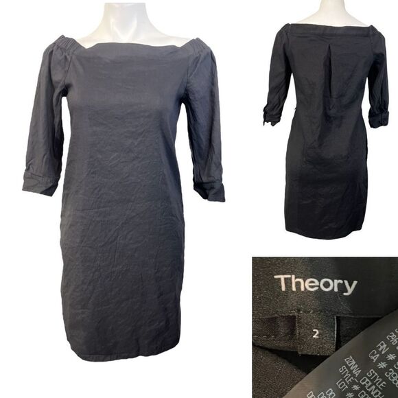 Theory Zizinna Off-the-Shoulder Poplin Dress Sz 2 Black linen blend cocktail -5‎ - Picture 1 of 8